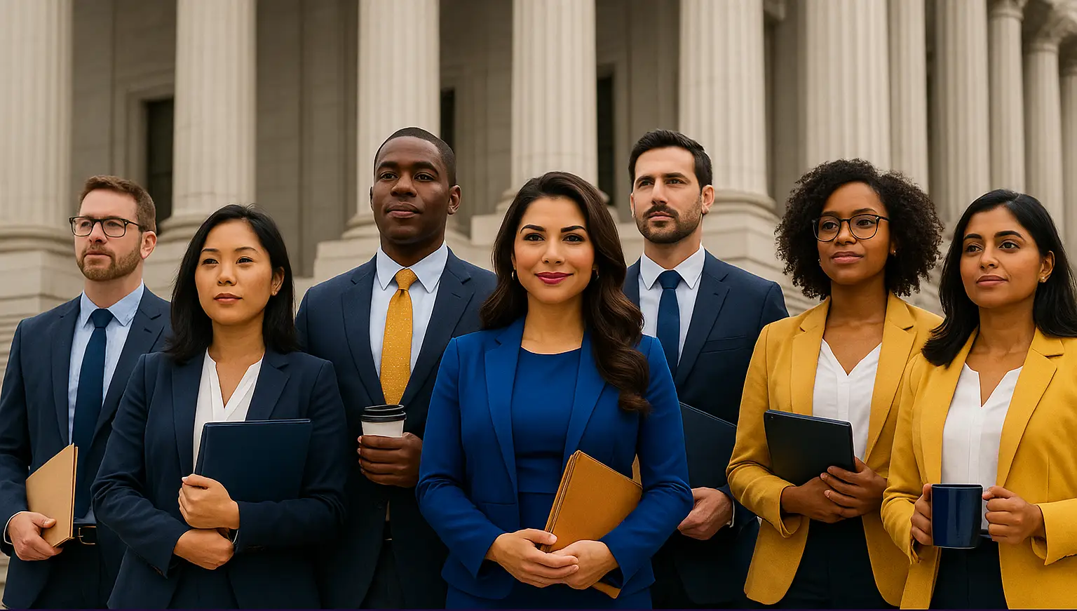 Elga Lejarza standing with a diverse group of HR professionals in front of government columns, representing the HR Congresista Master Series at HR.Community.
