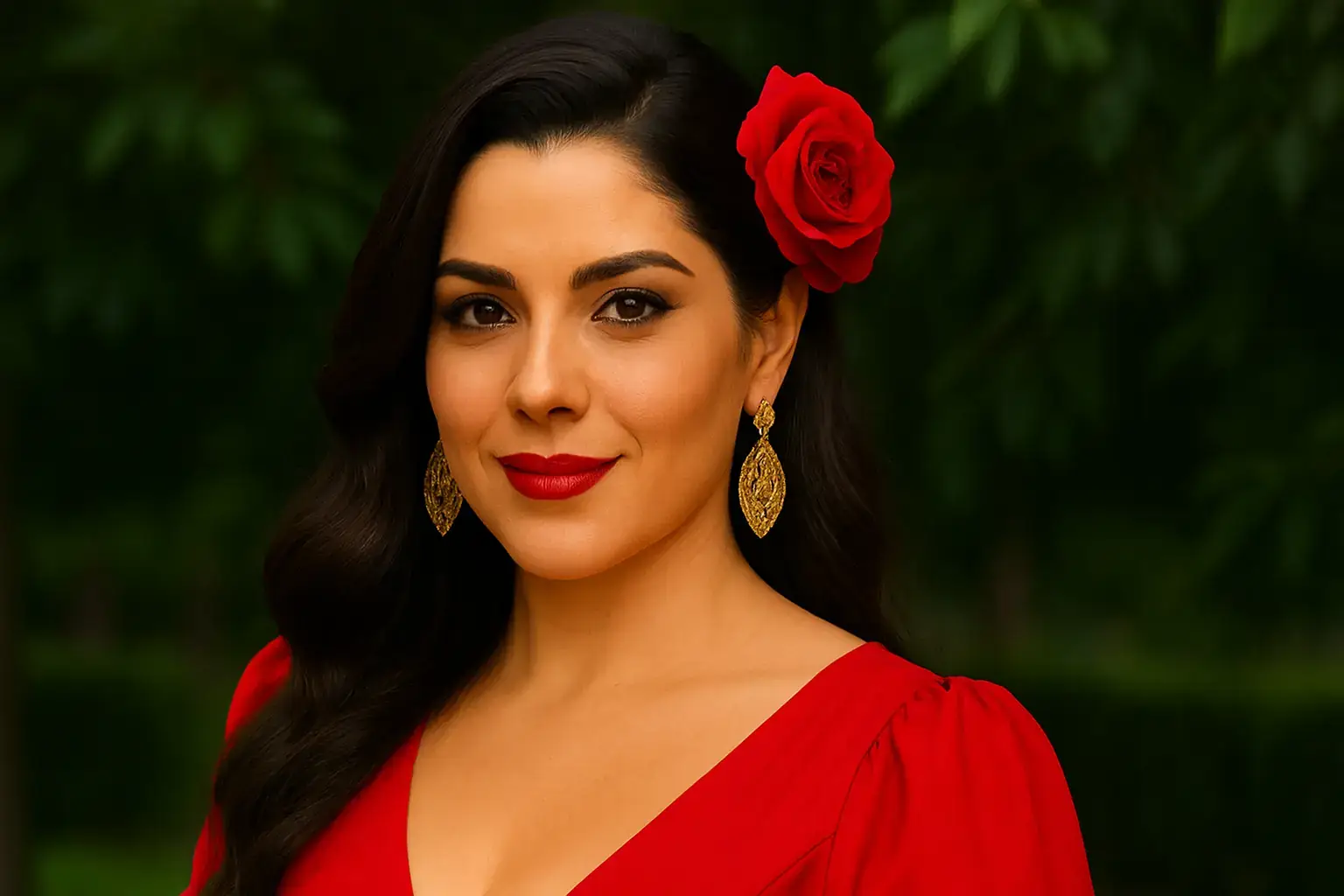 A woman wearing a red dress with a red rose in her hair.