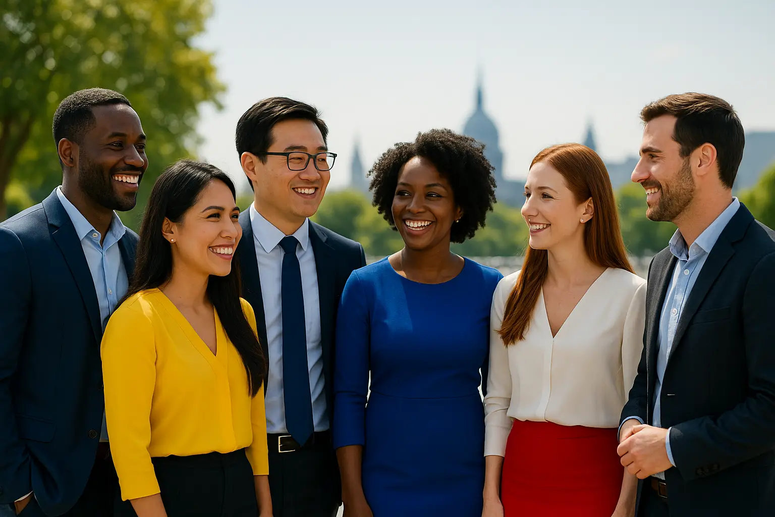 Diverse group of HR professionals smiling and connecting outdoors, representing inclusion and unity at HR.Community.