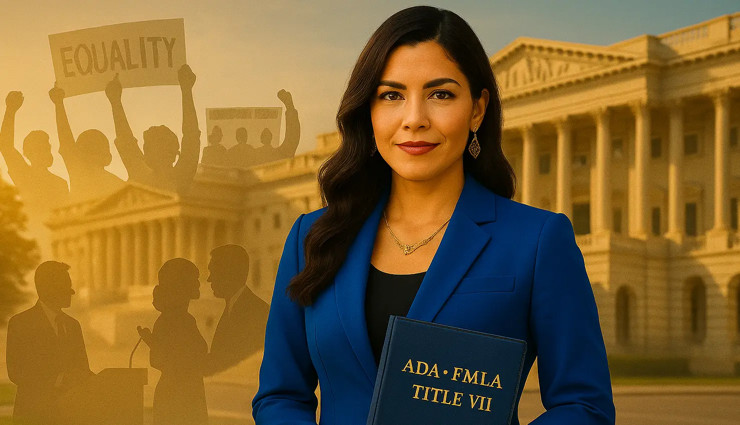 Elga Lejarza standing in front of symbolic legal and political imagery representing the origins of FMLA, ADA, and Title VII.