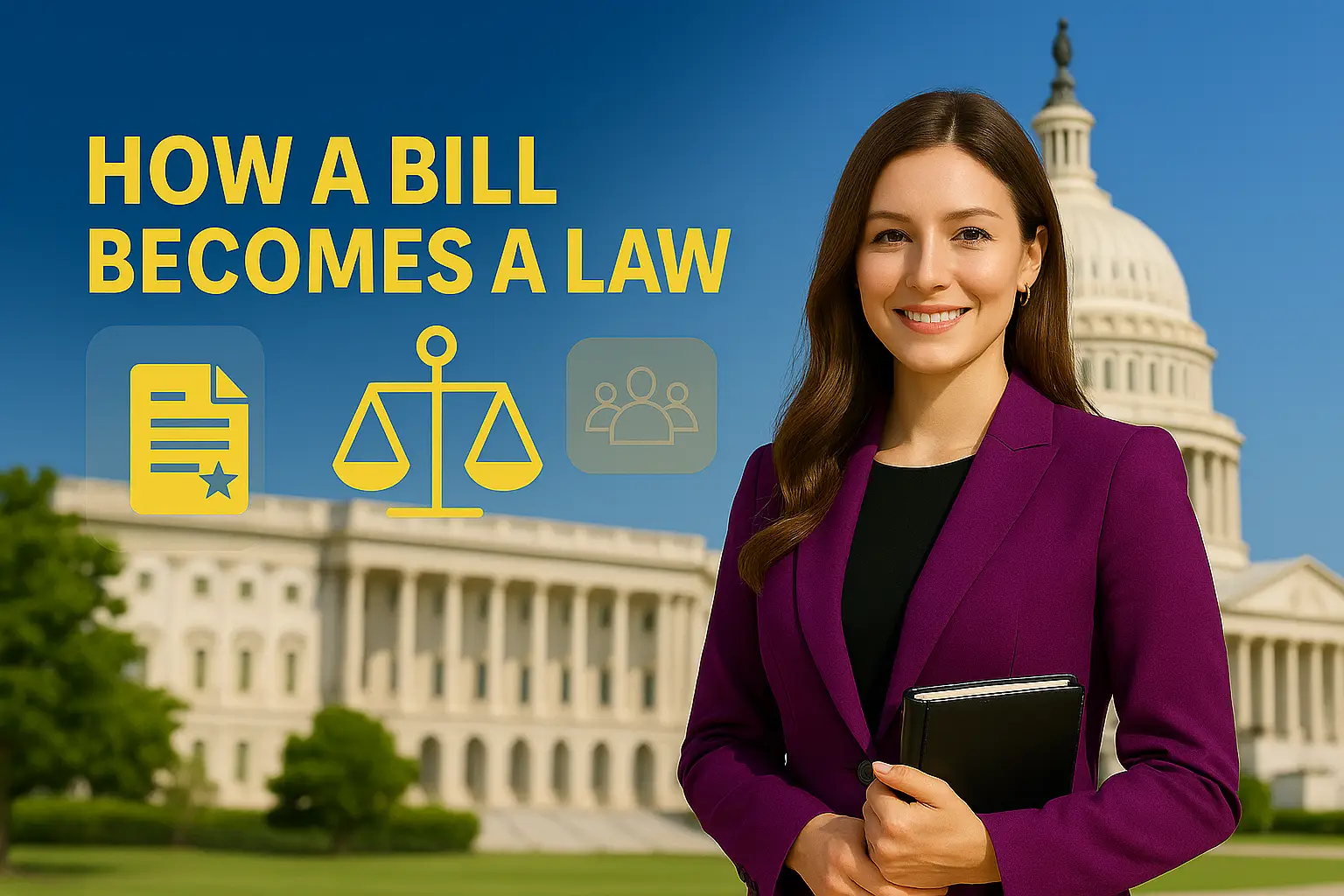 Woman standing confidently in front of the U.S. Capitol, symbolizing the process of how a bill becomes a law and ultimately HR policy.