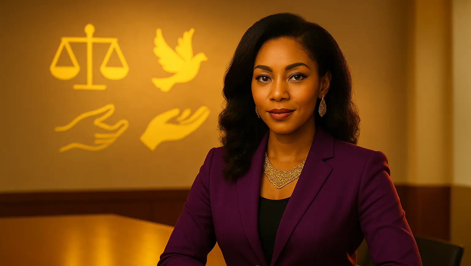 Woman standing in a professional environment with democratic and HR symbolism, representing HR’s role in protecting fairness and voice at work.