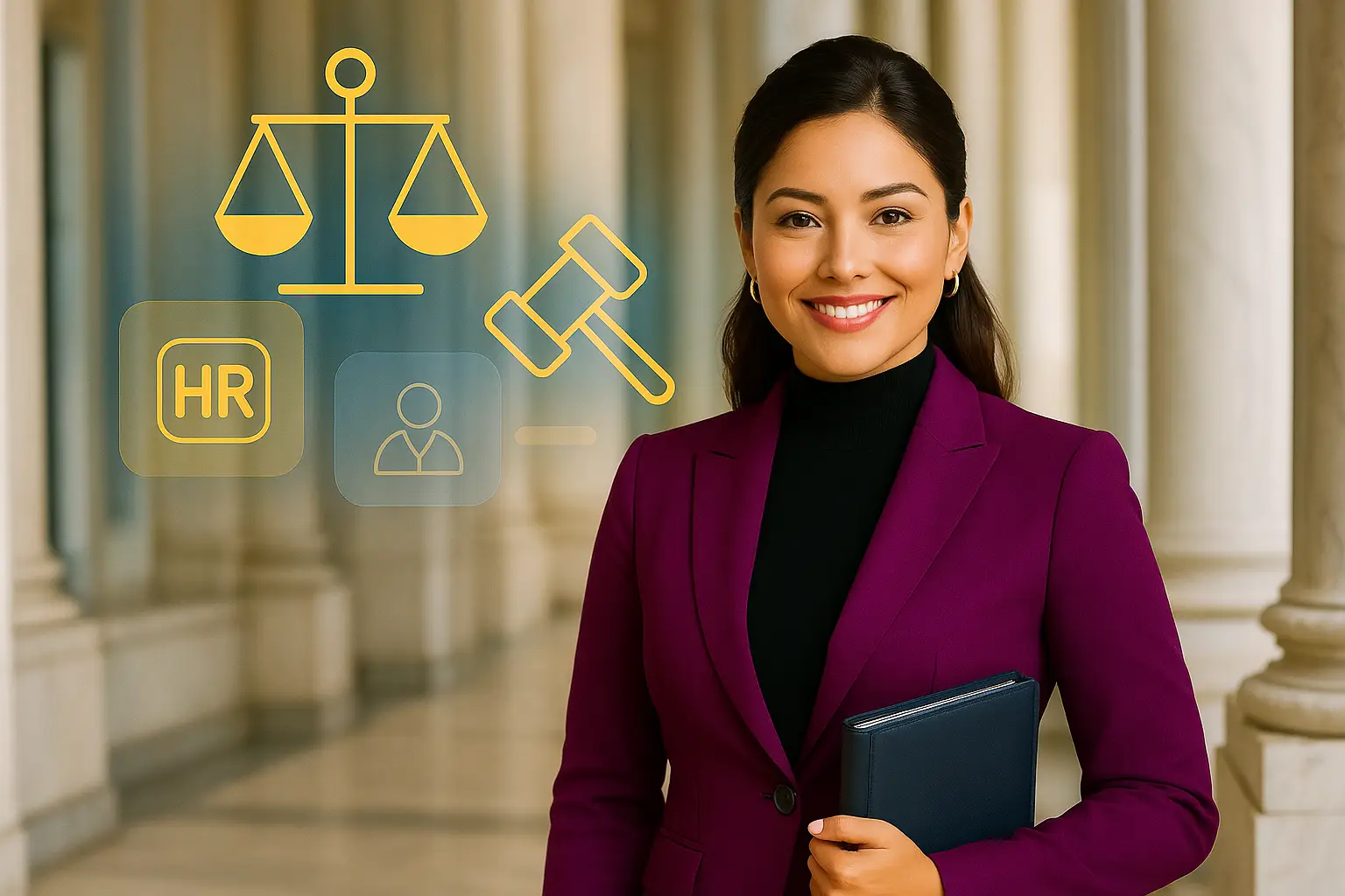 Woman standing in front of a courthouse, representing how judicial rulings shape HR policies and practices.
