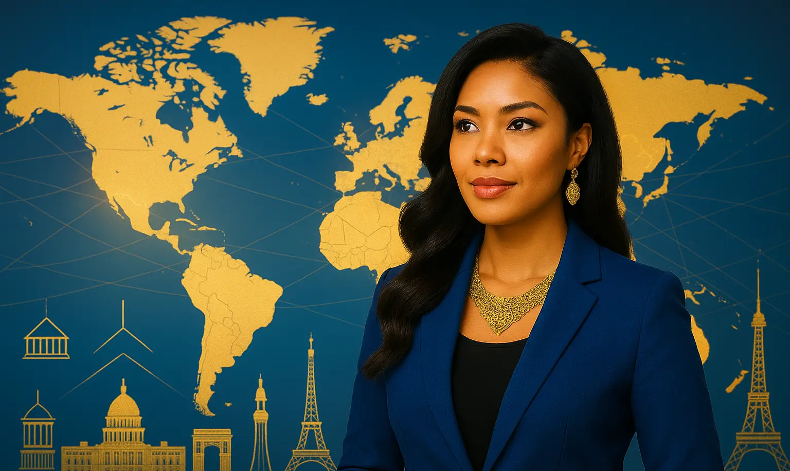 Woman with a global map backdrop, symbolizing how international political decisions influence local HR practices.