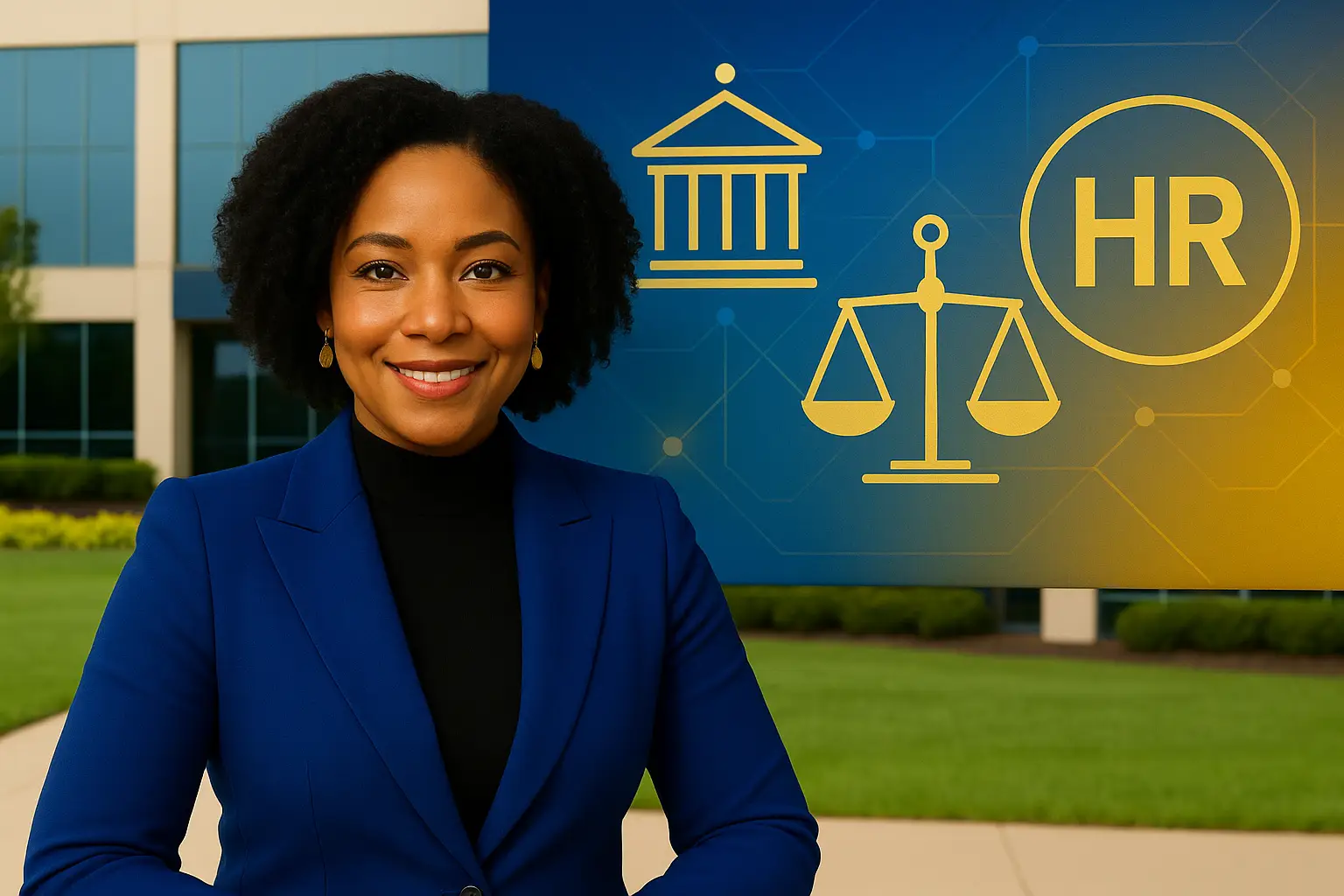 HR professional in a blue blazer standing outdoors with icons of government, justice, and HR behind her, representing the connection between politics and HR.