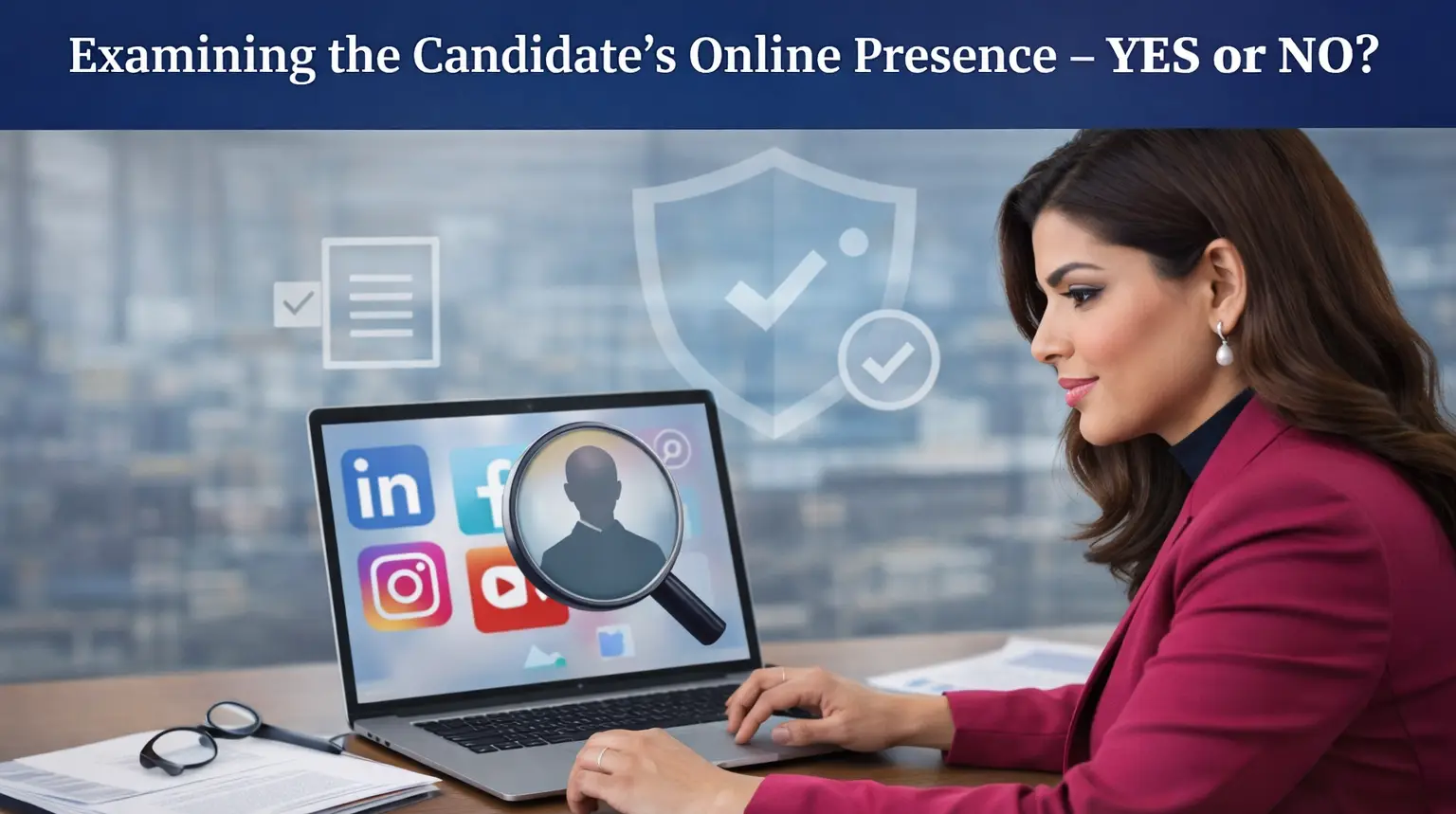 Elga Lejarza reviewing a candidate’s online presence while ensuring legal compliance and fair hiring practices.
