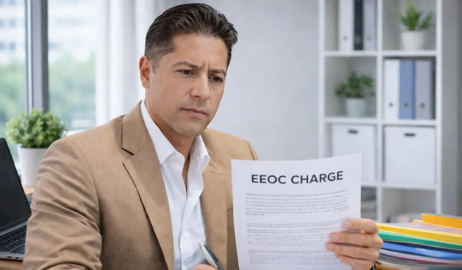 Luis Lejarza reviewing EEOC documentation and compliance deadlines.