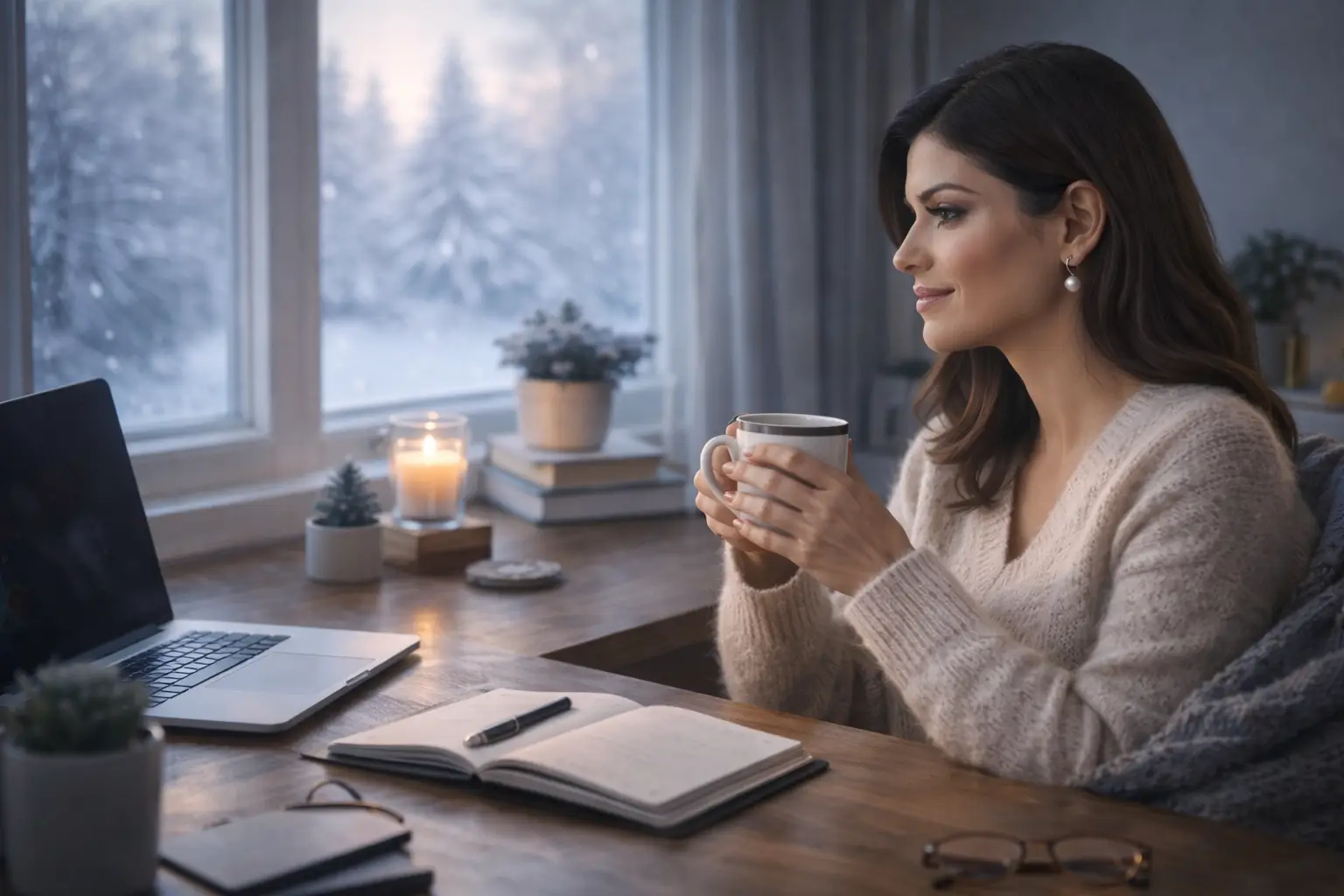 HR professional reflecting quietly during the holidays while supporting employees behind the scenes.