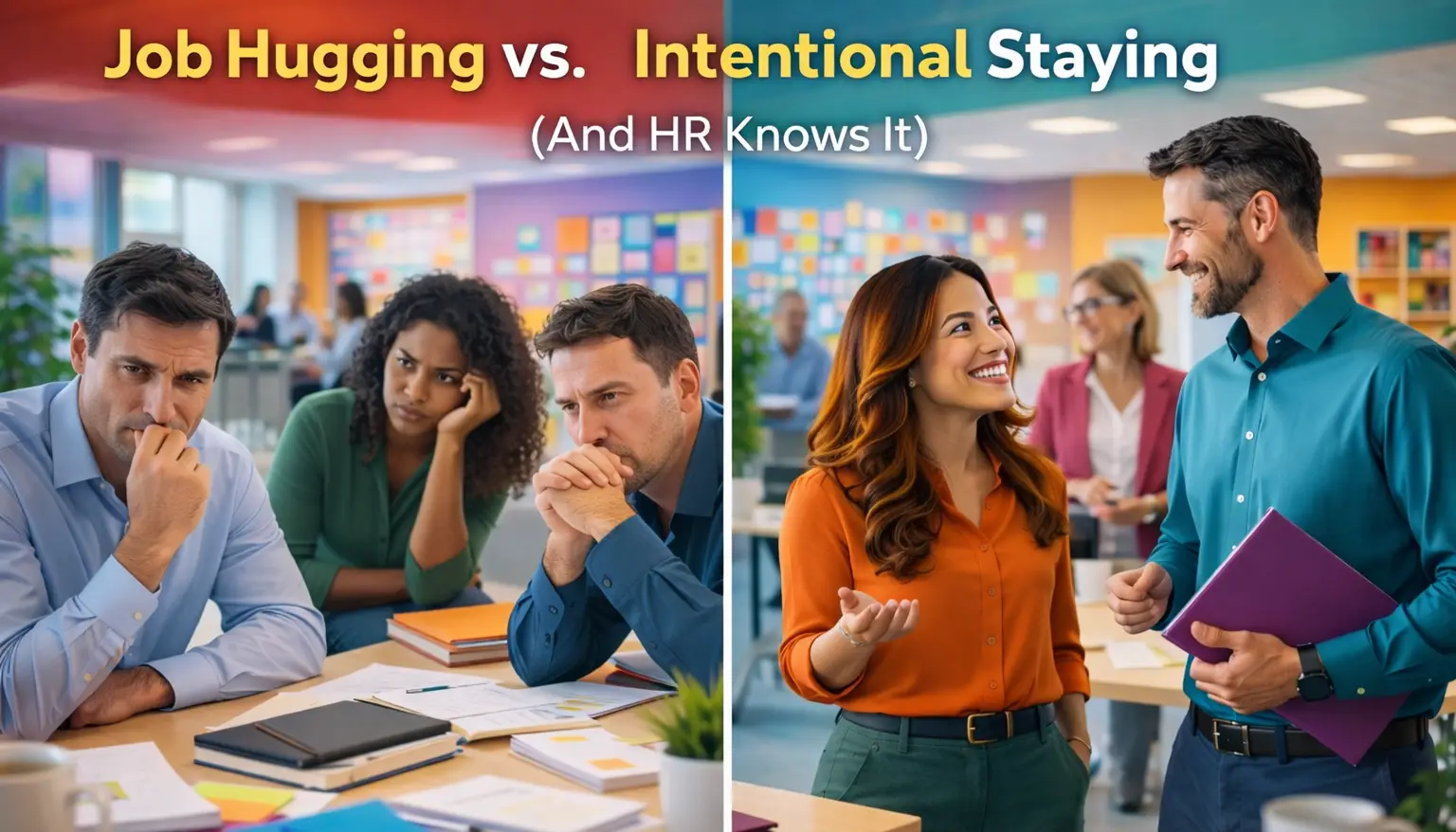 HR perspective on the difference between job hugging driven by fear and intentional staying driven by trust and growth.