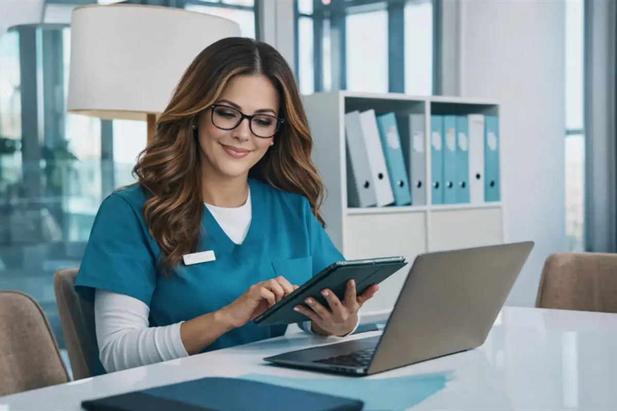 HR professional reviewing employee health information on a tablet in a modern office setting, representing HIPAA compliance and protected health information in HR.