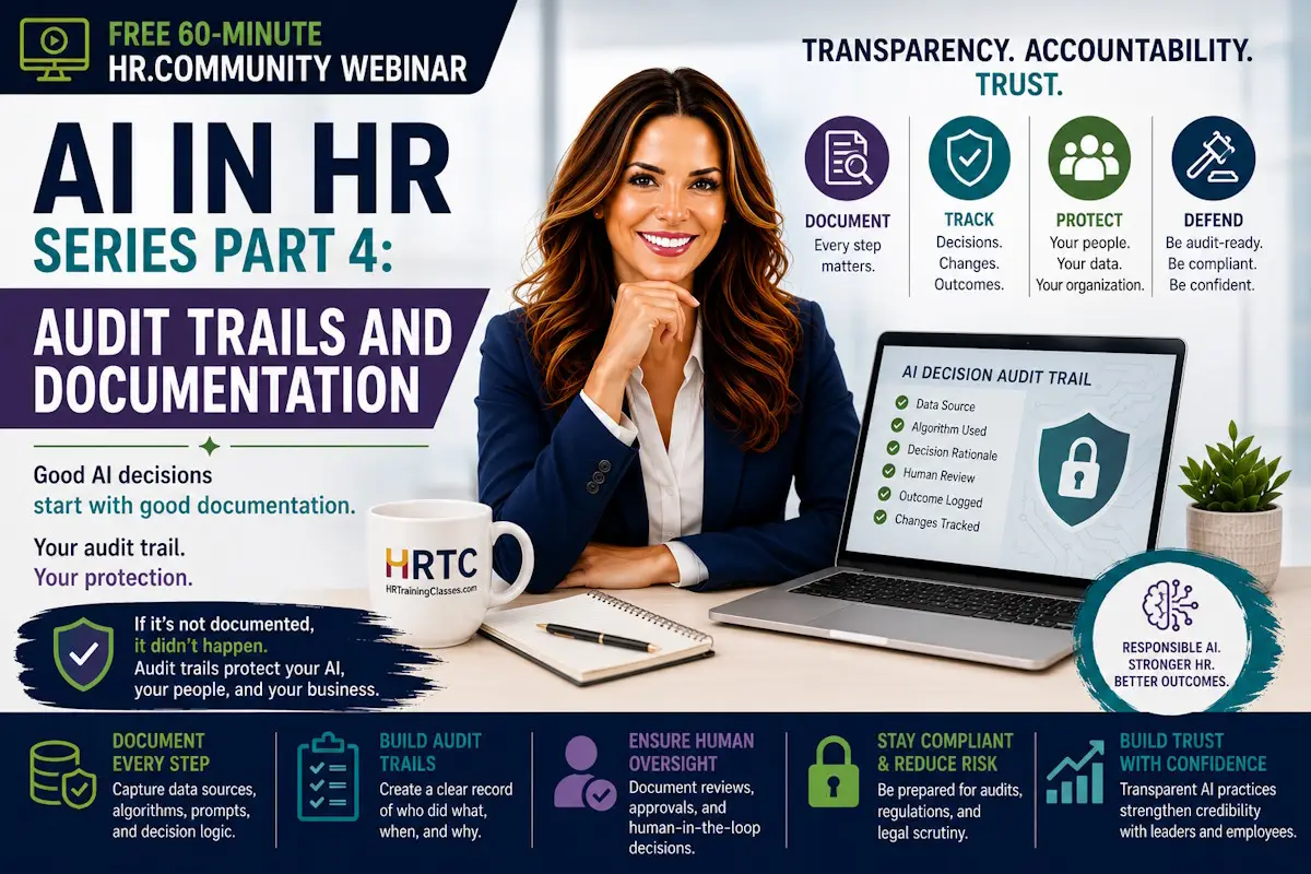 Promotional image for the HR.Community webinar "AI in HR Series Part 4: Audit Trails and Documentation," featuring an HR professional explaining AI governance, audit trails, documentation practices, compliance, transparency, and responsible AI decision-making in Human Resources.