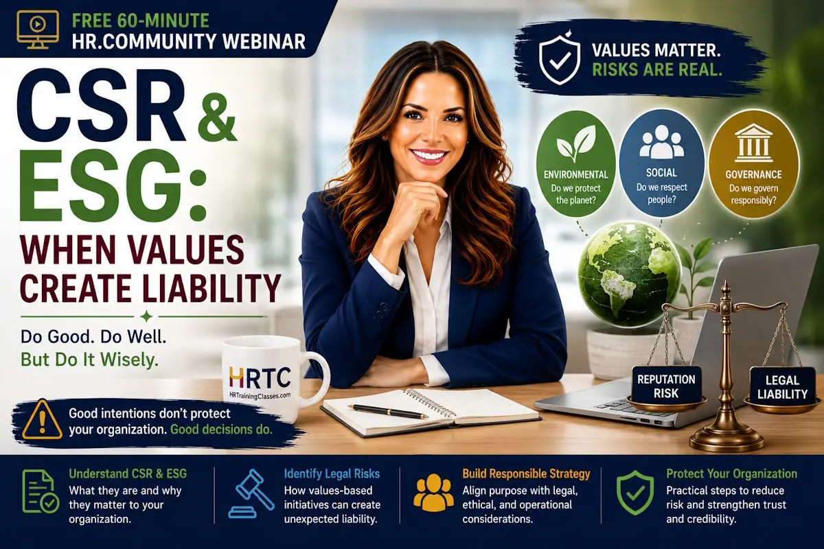 Promotional image for the HR.Community webinar "CSR and ESG: When Values Create Liability," featuring an HR executive discussing Environmental, Social, and Governance (ESG) responsibilities, corporate social responsibility (CSR), legal compliance, and organizational risk management.