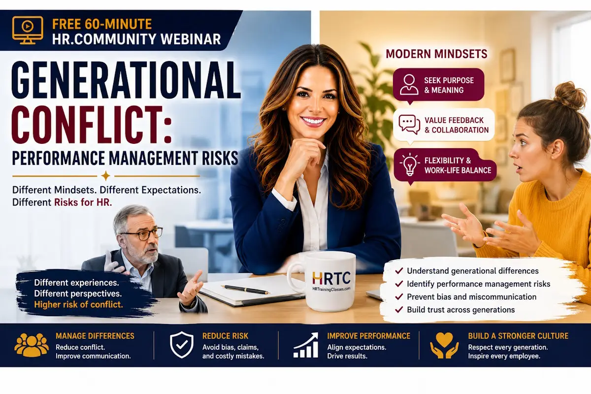 Promotional image for the HR.Community webinar "Generational Conflict: Performance Management Risks for HR Professionals," featuring an HR leader discussing performance management challenges across multiple generations in the workplace.