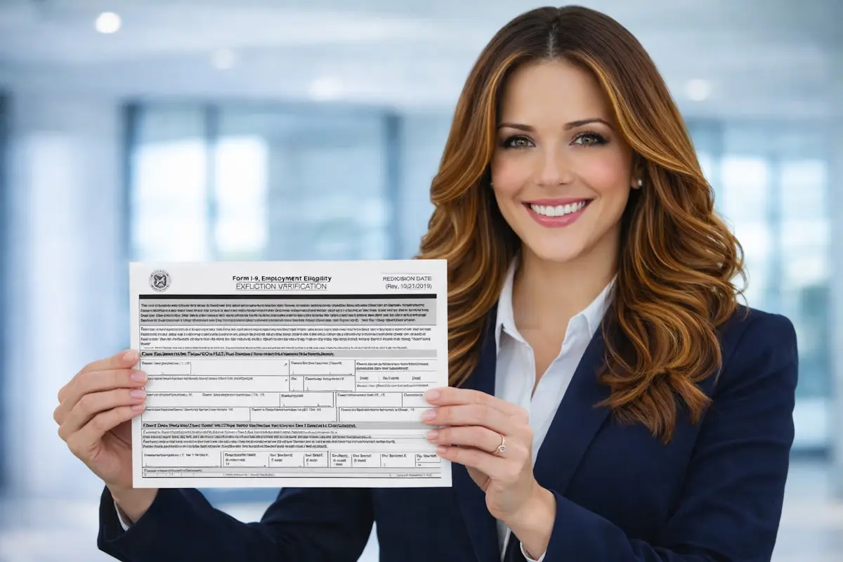 Elga Lejarza HR professional completing I-9 employment verification form with federal compliance guidance