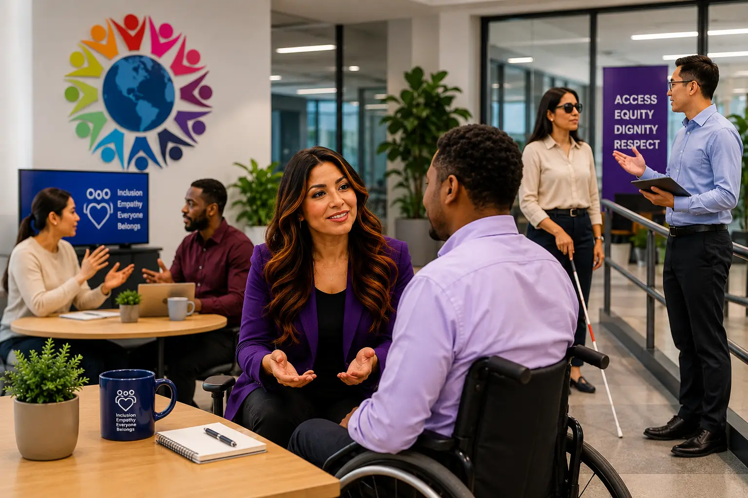 A vibrant modern workplace scene focused on inclusion, accessibility, and respectful workplace culture. In the center, a professional Latina HR leader with long dark hair and a purple blazer is engaged in a supportive conversation with an employee using a wheelchair. Around them, a diverse group of employees collaborates in an open office environment featuring accessibility elements, including a visually impaired employee using a white cane. Bright colorful inclusion-themed graphics and signage emphasizing access, equity, dignity, and respect appear throughout the workspace. The atmosphere reflects empathy, communication, belonging, diversity, and inclusive leadership in today’s workplace.