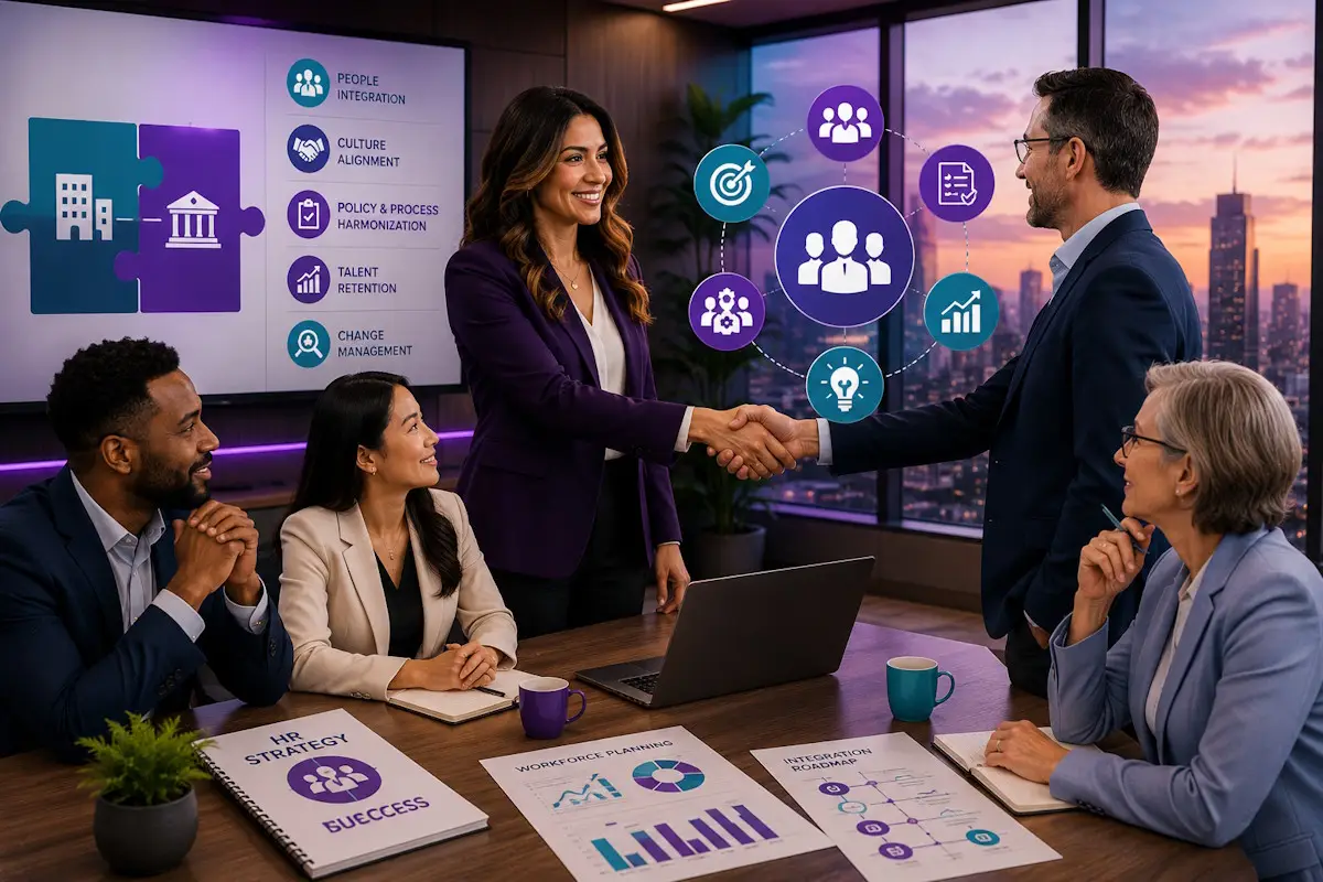 HR leaders participating in a mergers and acquisitions strategy meeting focused on workforce integration, organizational alignment, change management, and business transition planning.