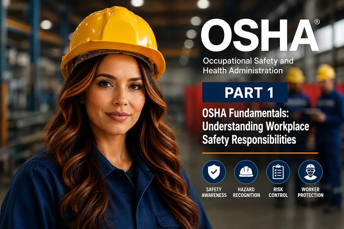 Elga Lejarza, safety leader wearing a yellow hard hat inside an industrial environment with OSHA workplace safety graphics, hazard awareness icons, and occupational safety messaging.
