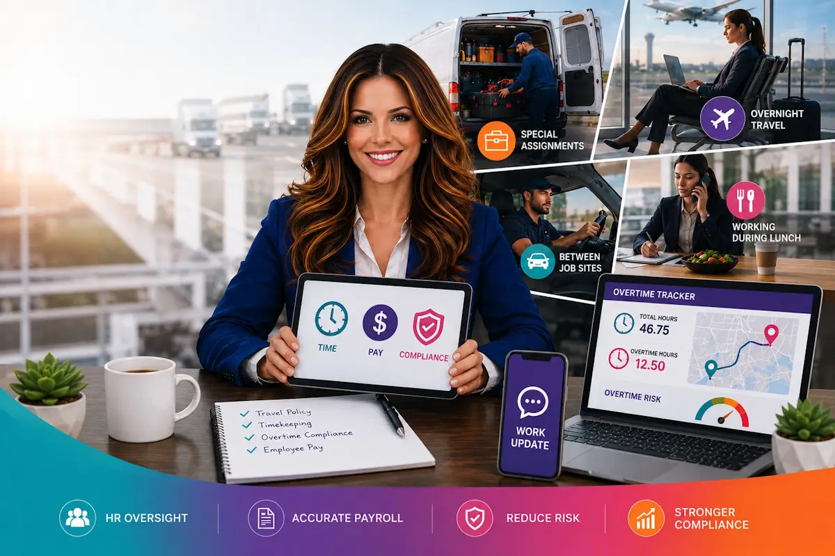 Elga Lejarza reviewing travel time pay rules, employee compensation tracking, overtime compliance, overnight travel, and workplace payroll scenarios.