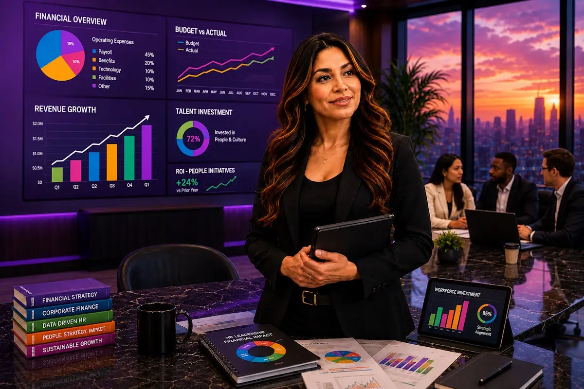 Modern business finance presentation for HR leaders featuring financial growth visuals, analytics, business strategy concepts, and professional corporate leadership themes in HR.Community brand colors.