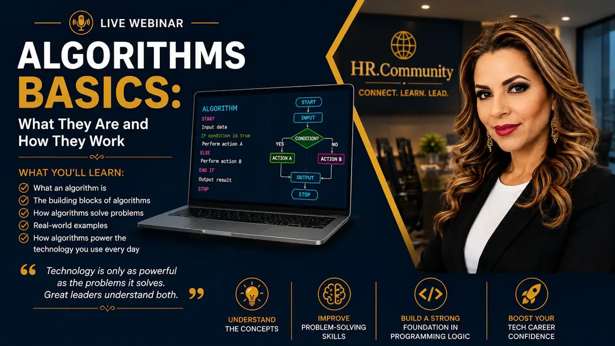 Elga Lejarza smiling next to a laptop displaying an algorithm flowchart with text reading Algorithms Basics: What They Are and How They Work.