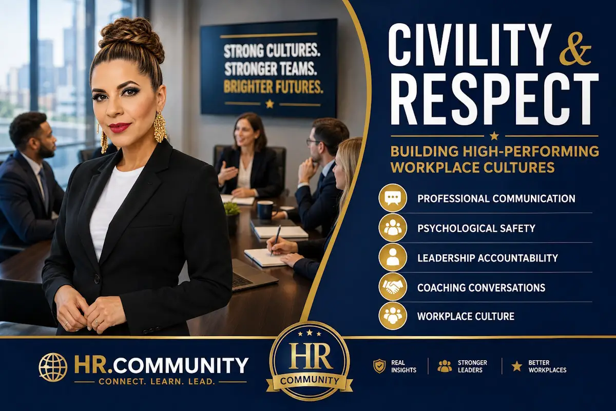 Elga Lejarza presenting workplace civility and respect training for managers and HR leaders focused on communication, psychological safety, and workplace culture.