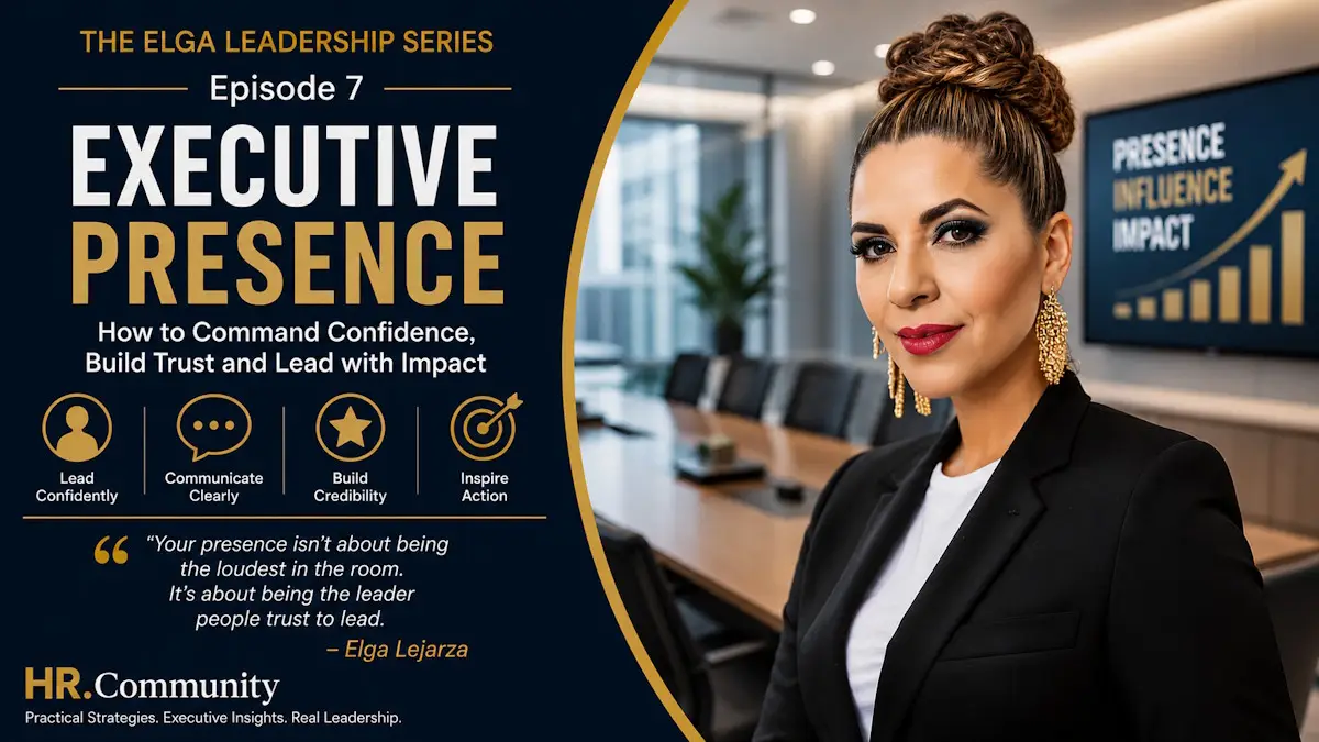 Elga Lejarza confidently presenting to an executive board in a modern conference room.