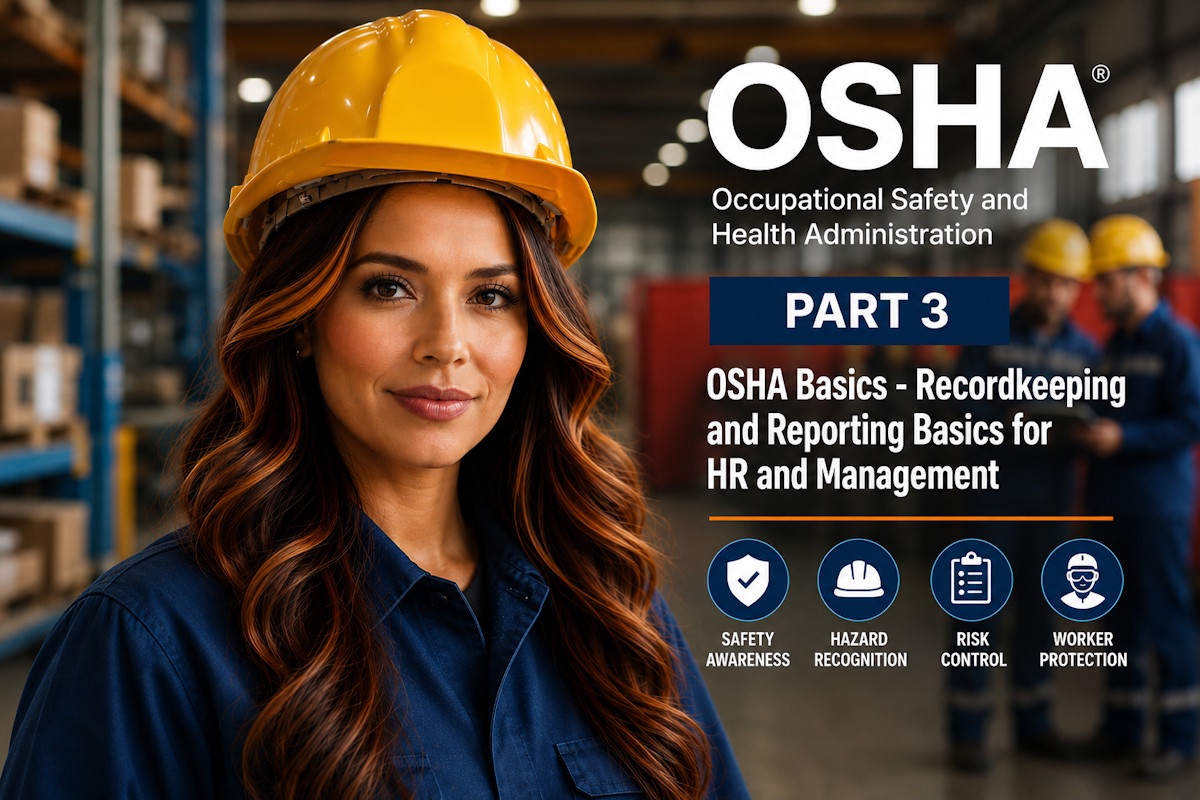 Elga Lejarza wearing a yellow hard hat in front of text reading OSHA Basics Recordkeeping and Reporting Basics for HR and Management Part 3.